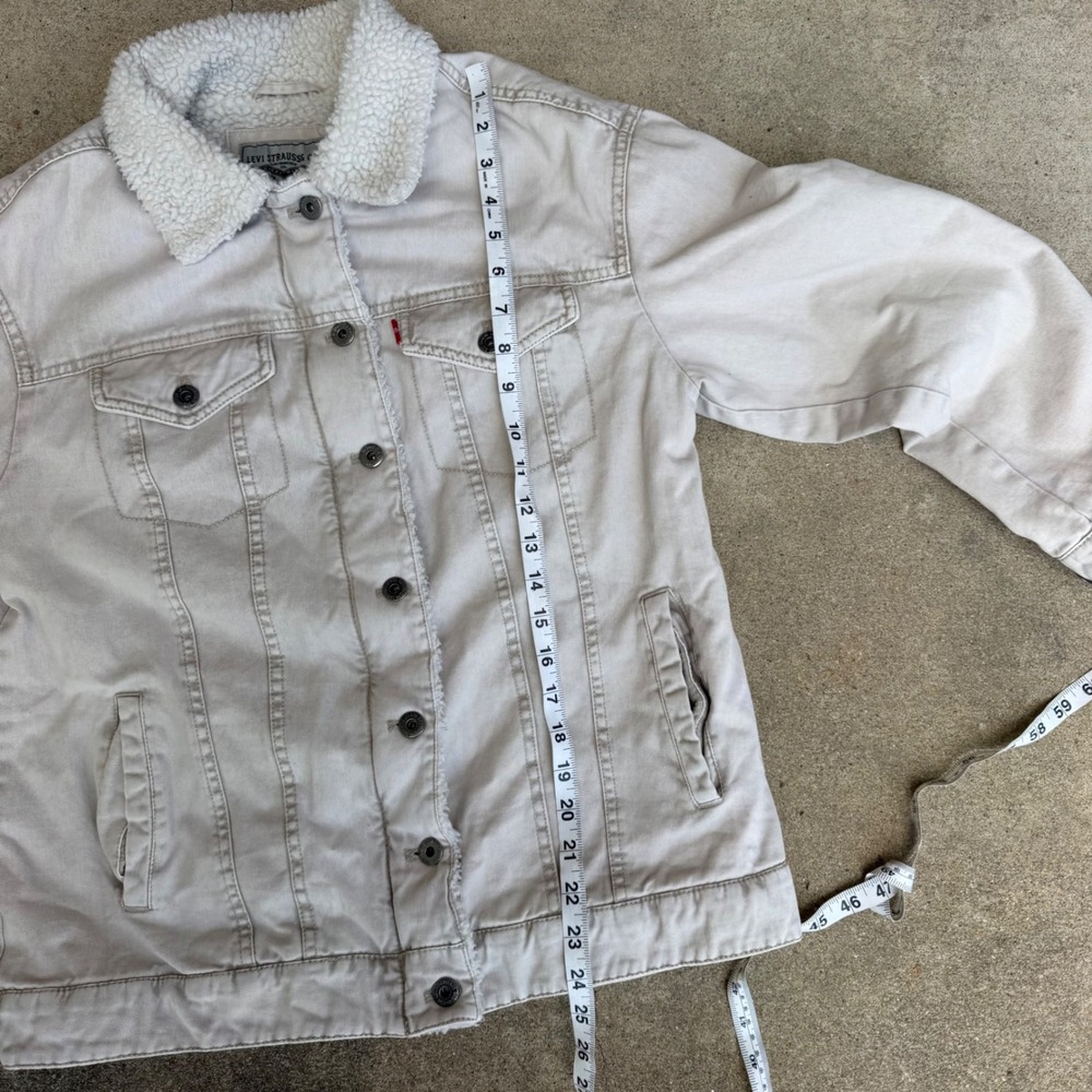 Levis Sherpa Lined Trucker Jacket Mens Medium Tan Stone Wash Denim Coat - Picture 5 of 7